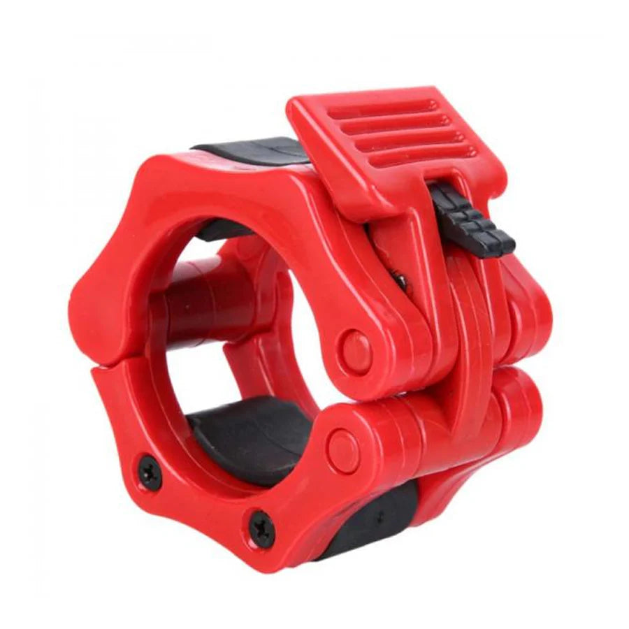 Red and black adjustable bike handlebar clamp on a white background