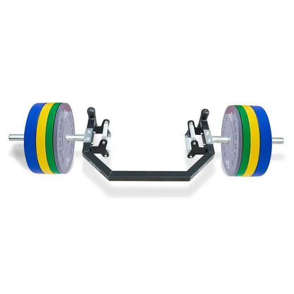 Barbell with colorful weight plates on a white background