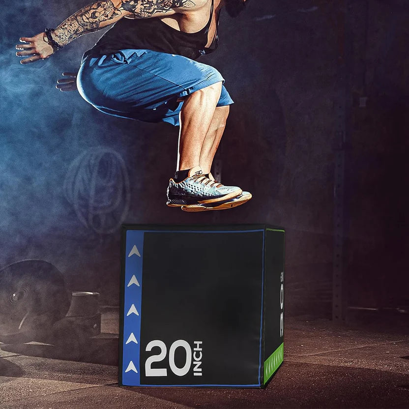 Person jumping over a 20-inch exercise box in a gym setting