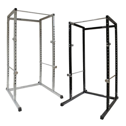 Two metal power rack frames, one silver and one black, on a white background.