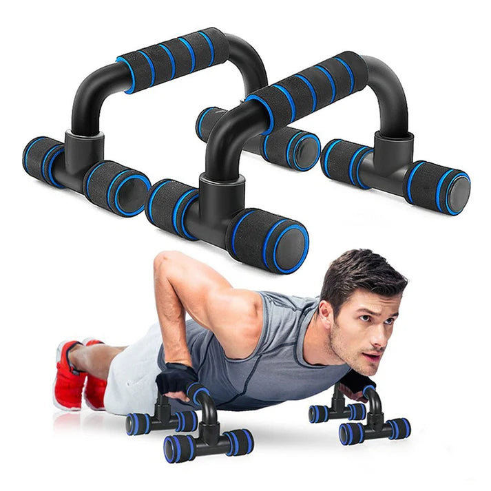 Black and blue exercise push-up bars with a man using them on a white background