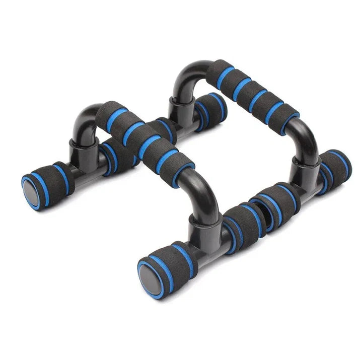 Pair of black and blue exercise push-up handles on a white background