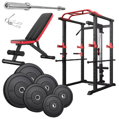 Professional Power Multi Cage with Integrated Cable Pulley System - Heavy-Duty Steel Construction - Adjustable J-Hooks & Safety Spotters - Multi-Grip Pull-Up Bar - Complete Home Gym Solution