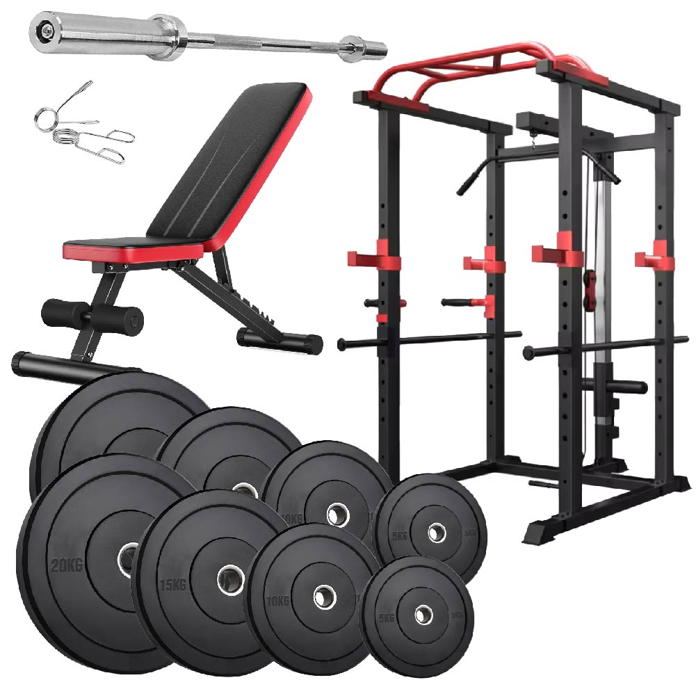 Professional Power Multi Cage with Integrated Cable Pulley System - Heavy-Duty Steel Construction - Adjustable J-Hooks & Safety Spotters - Multi-Grip Pull-Up Bar - Complete Home Gym Solution