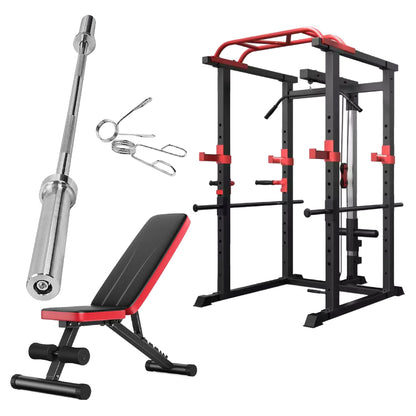 Professional Power Multi Cage with Integrated Cable Pulley System - Heavy-Duty Steel Construction - Adjustable J-Hooks & Safety Spotters - Multi-Grip Pull-Up Bar - Complete Home Gym Solution