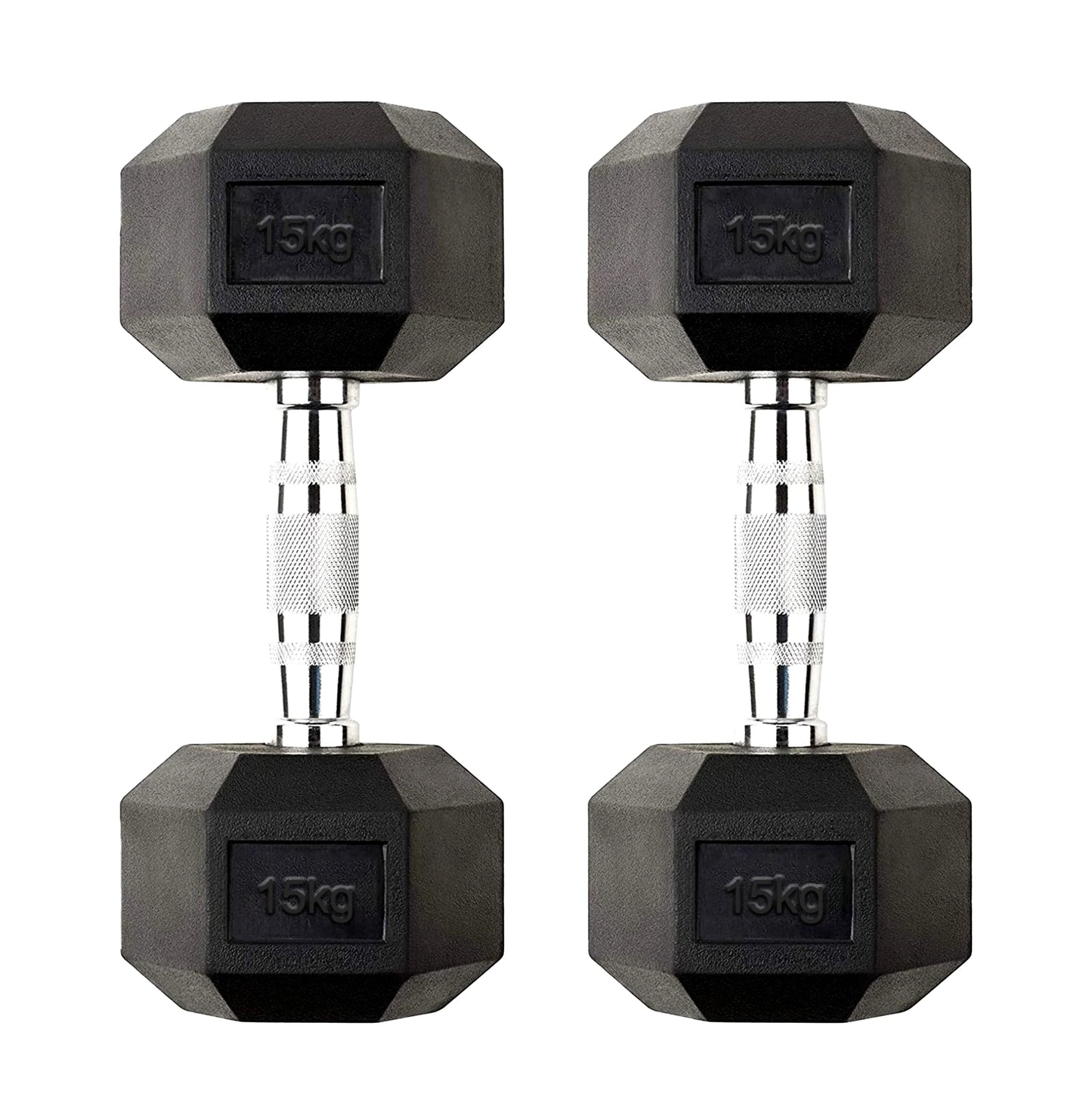 15kg pair of Hex dumbbells on a white background
