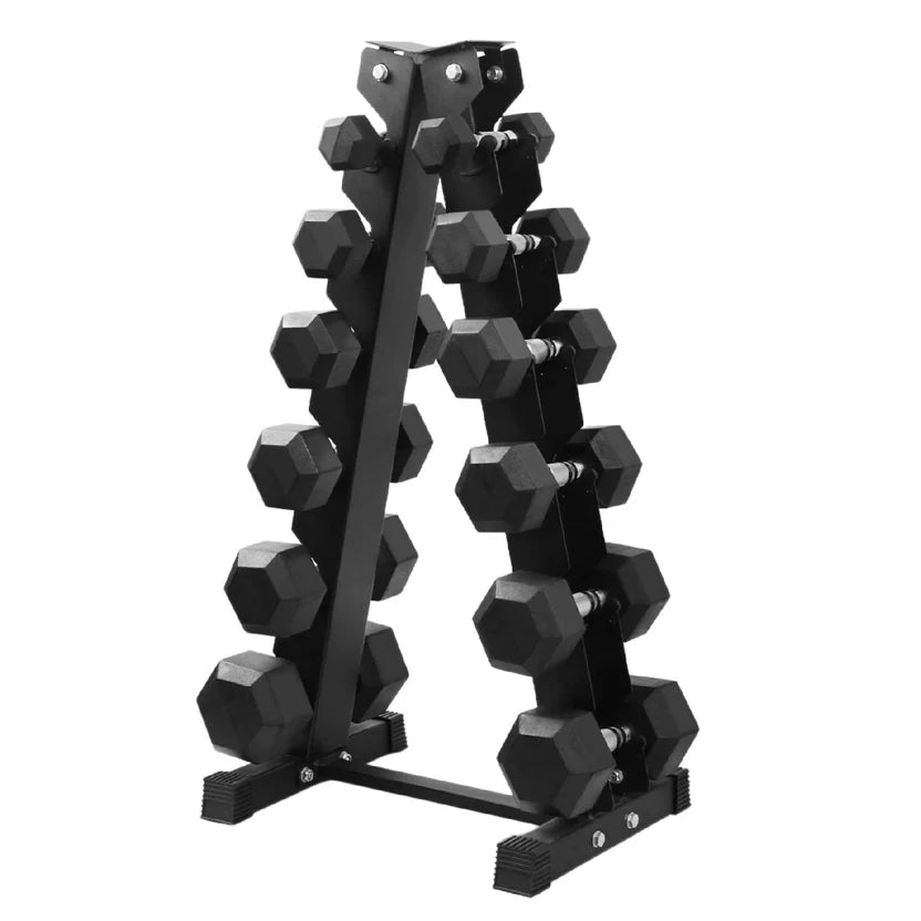 Black dumbbell set with holder on a white background