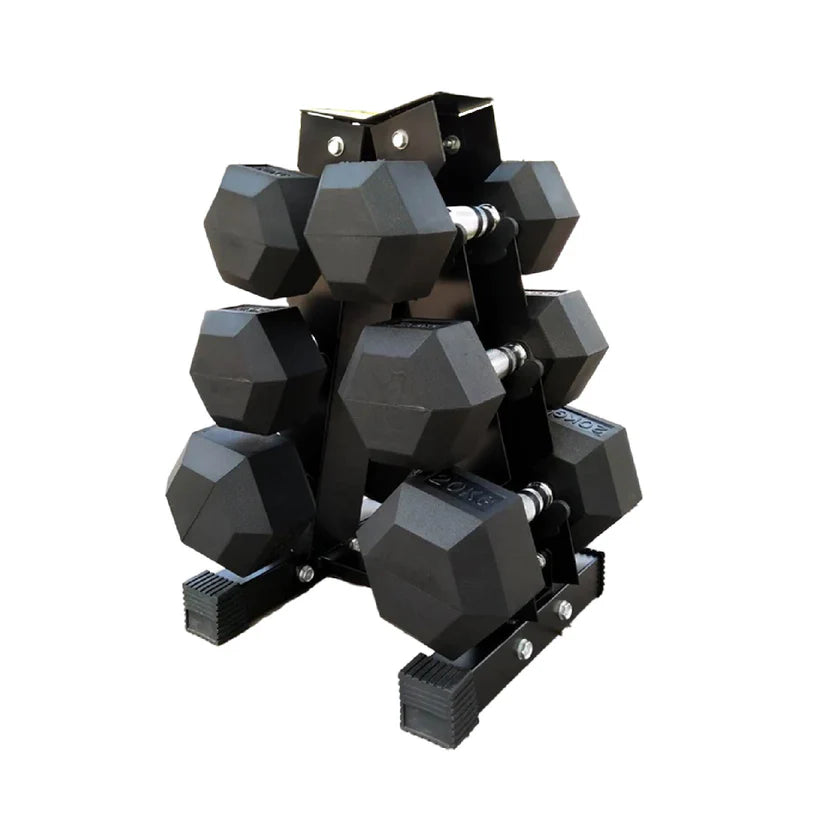 Set of black hexagonal dumbbells on a white background