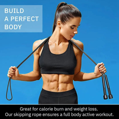 Woman using a skipping rope with text about calorie burn and weight loss on a blue background