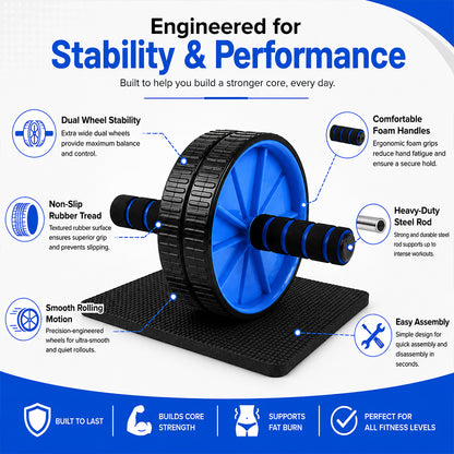 Premium Double-Wheel Ab Roller with Knee Pad - Core Training Exercise Wheel with Rebound Design - Adjustable Elastic Resistance Band - Silent Non-Slip Wheels - Ergonomic Handles - Home Gym Equipment