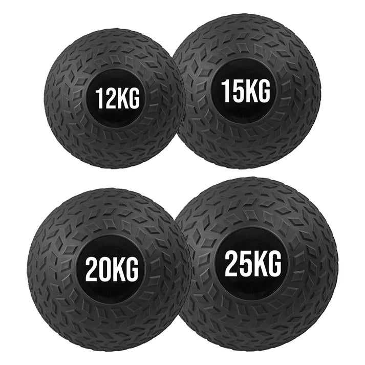 Four black weighted balls with labeled weights on a white background