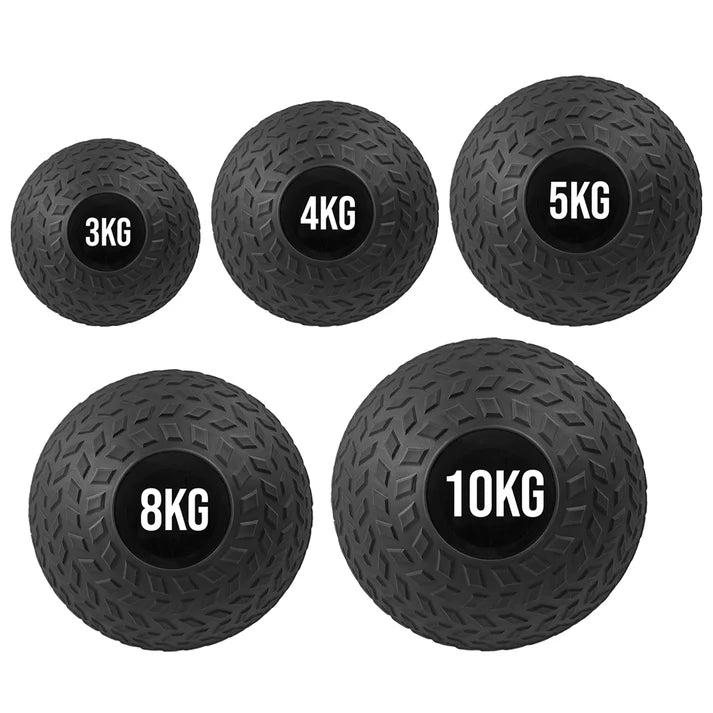 Set of five black weighted balls with labeled weights on a white background