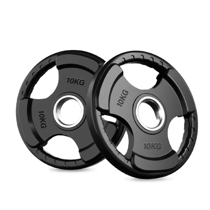 Two 10KG weight plates on a white background