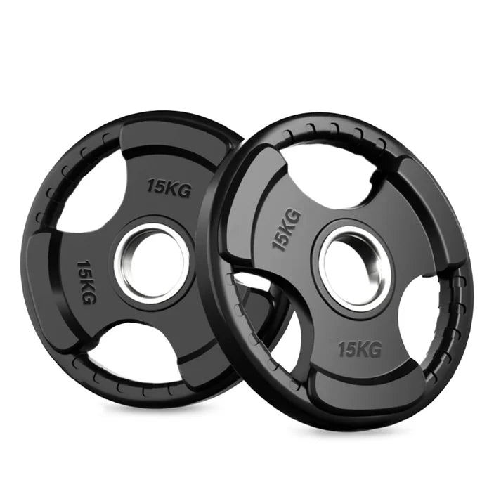 Two 15KG weight plates on a white background