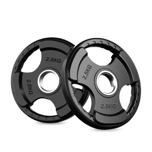 Two black 2.5KG weight plates on a white background