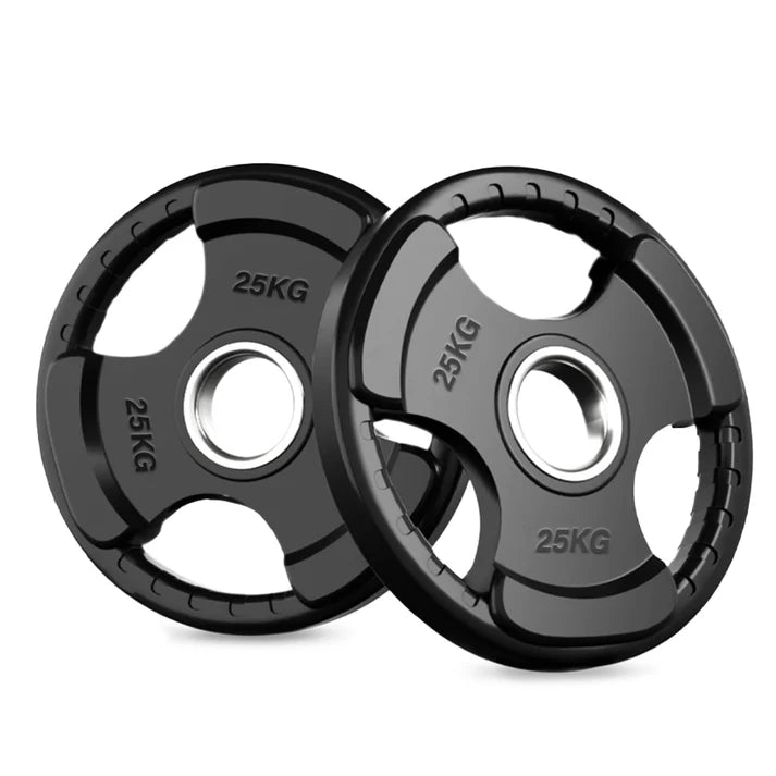 Two 25KG weight plates on a white background