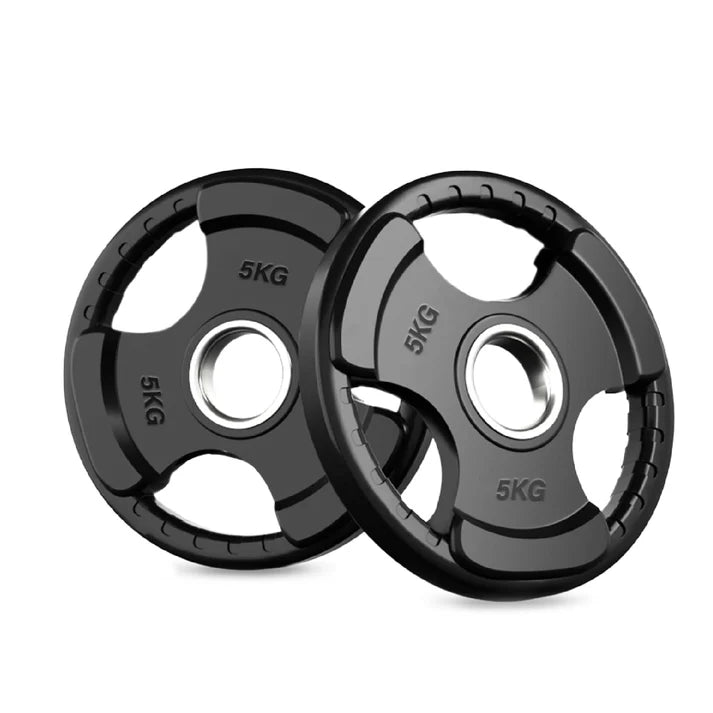 Two 5KG weight plates on a white background