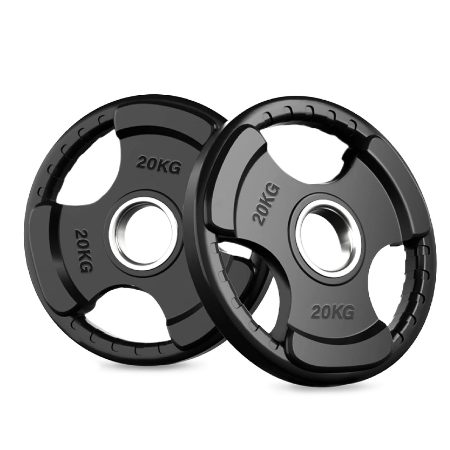 Tri-Grip Olympic Weight Plate - Black Rubber Coated Cast Iron with 2-Inch Hole - Durable Weight Plates for Strength Training, CrossFit & Weightlifting - Superior Grip Design for Easy Handling -