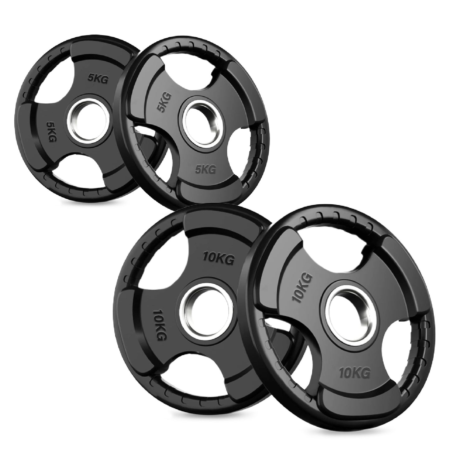 Tri-Grip Olympic Weight Plate - Black Rubber Coated Cast Iron with 2-Inch Hole - Durable Weight Plates for Strength Training, CrossFit & Weightlifting - Superior Grip Design for Easy Handling -