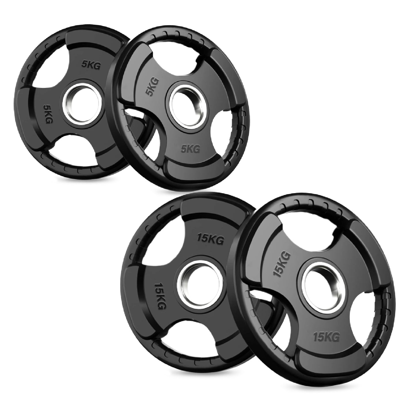 Tri-Grip Olympic Weight Plate - Black Rubber Coated Cast Iron with 2-Inch Hole - Durable Weight Plates for Strength Training, CrossFit & Weightlifting - Superior Grip Design for Easy Handling -