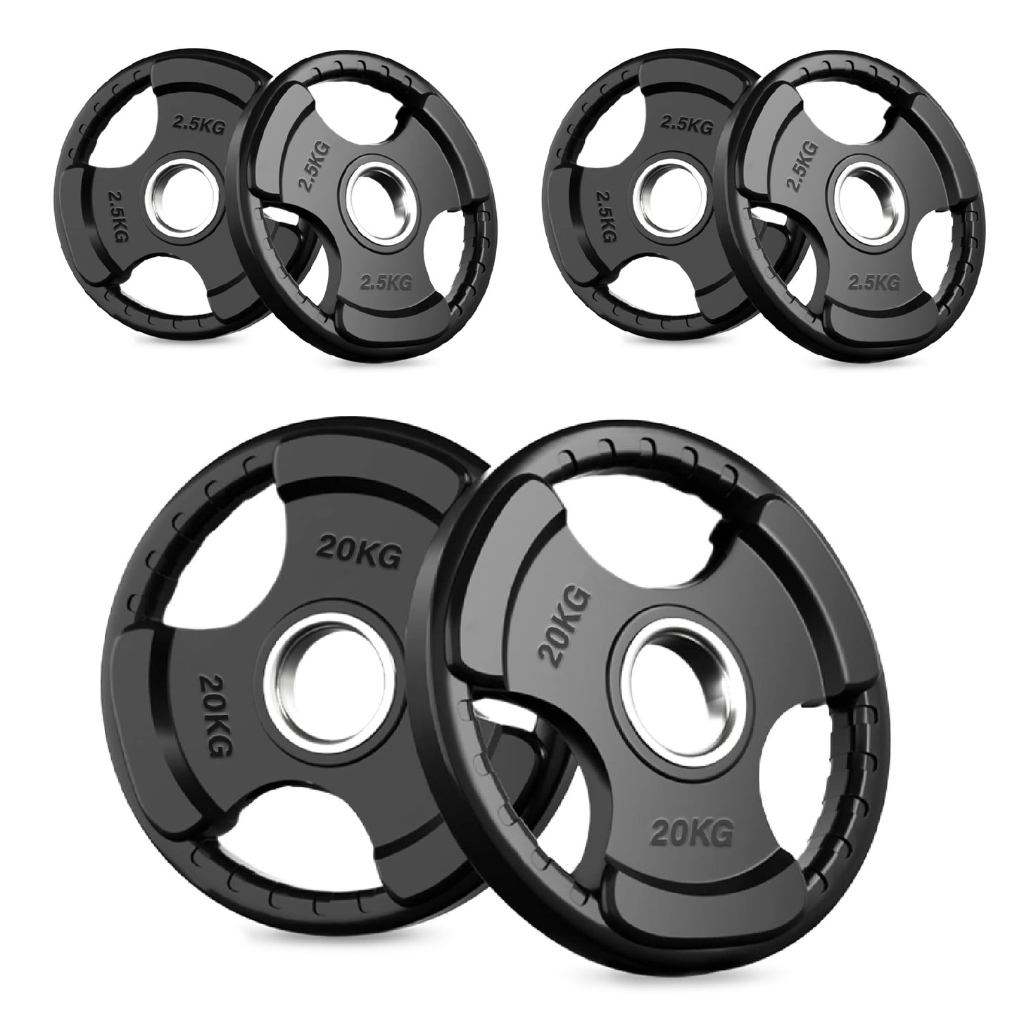 Tri-Grip Olympic Weight Plate - Black Rubber Coated Cast Iron with 2-Inch Hole - Durable Weight Plates for Strength Training, CrossFit & Weightlifting - Superior Grip Design for Easy Handling -