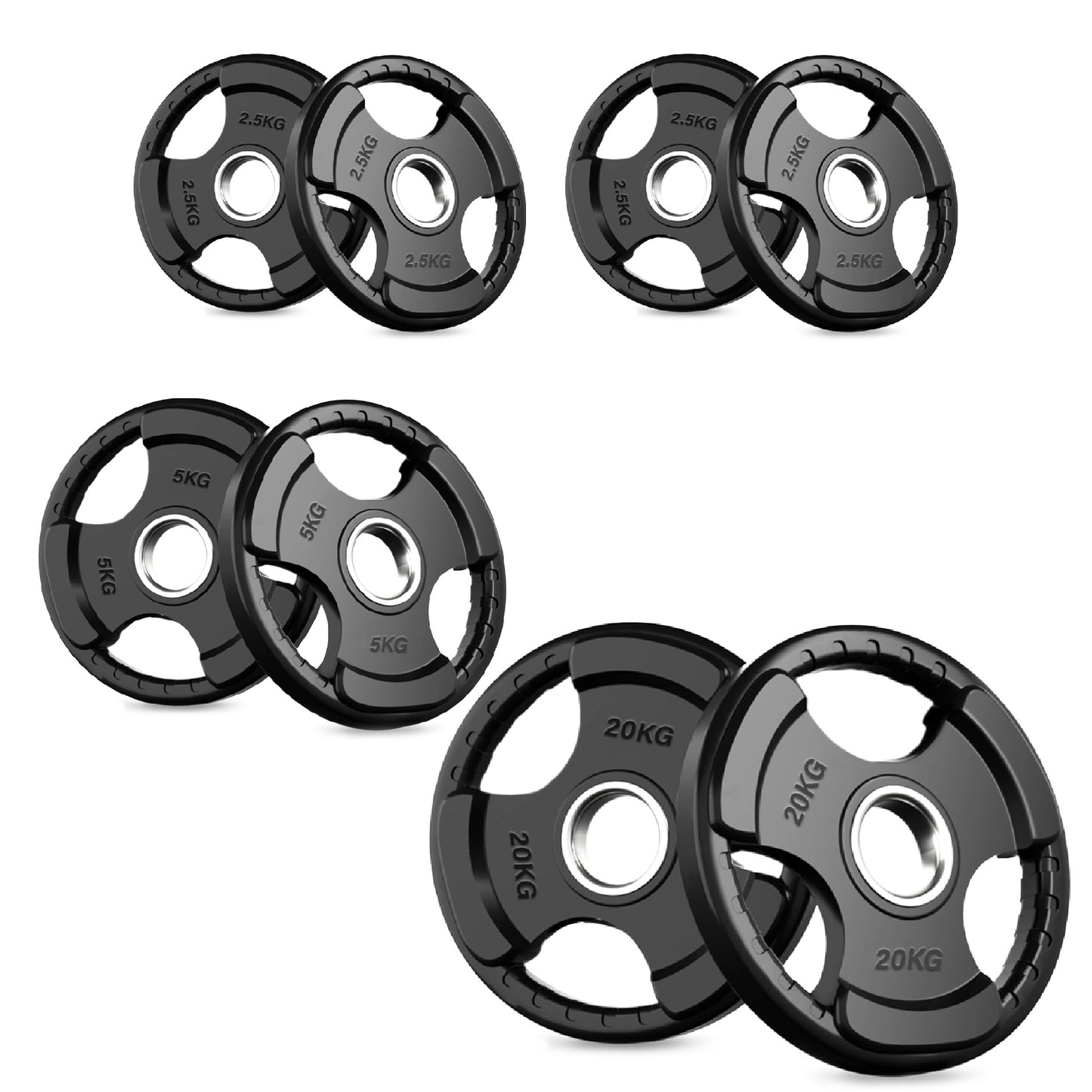 Tri-Grip Olympic Weight Plate - Black Rubber Coated Cast Iron with 2-Inch Hole - Durable Weight Plates for Strength Training, CrossFit & Weightlifting - Superior Grip Design for Easy Handling -