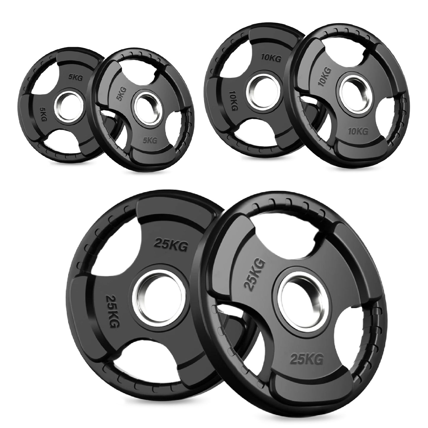 Tri-Grip Olympic Weight Plate - Black Rubber Coated Cast Iron with 2-Inch Hole - Durable Weight Plates for Strength Training, CrossFit & Weightlifting - Superior Grip Design for Easy Handling -