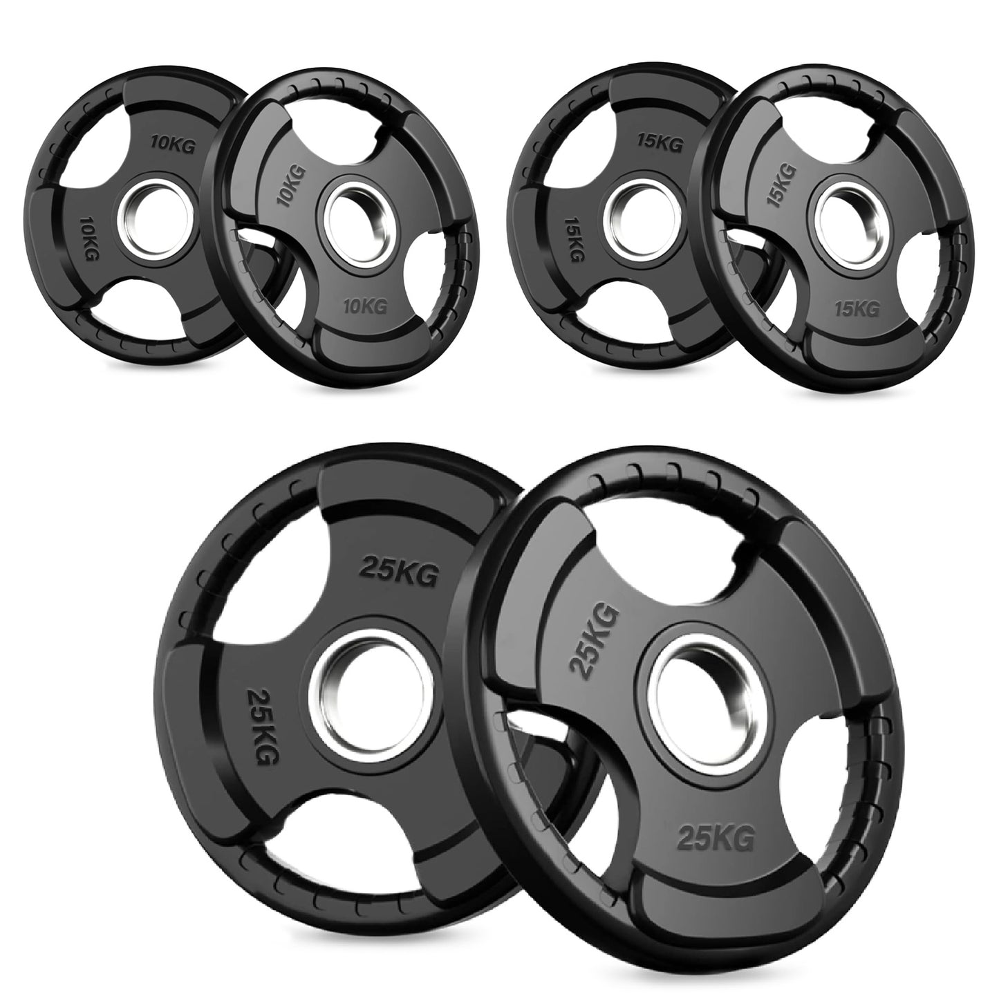 Tri-Grip Olympic Weight Plate - Black Rubber Coated Cast Iron with 2-Inch Hole - Durable Weight Plates for Strength Training, CrossFit & Weightlifting - Superior Grip Design for Easy Handling -