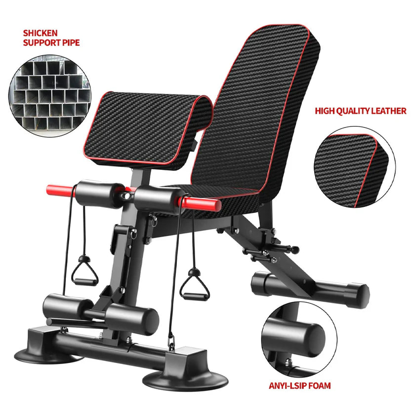 Black and red adjustable weight bench with quality features highlighted on a white background