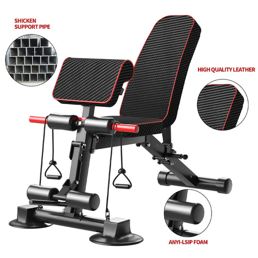 Black and red adjustable weight bench with quality features highlighted on a white background