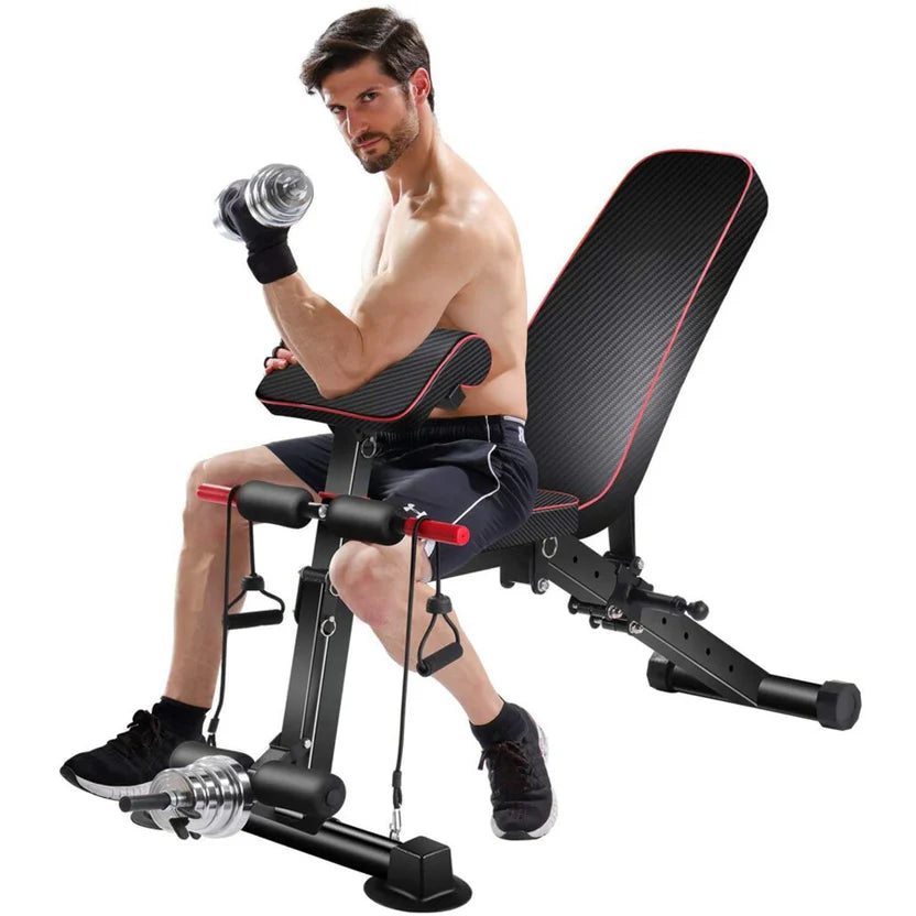 Black and red adjustable weight bench on a white background