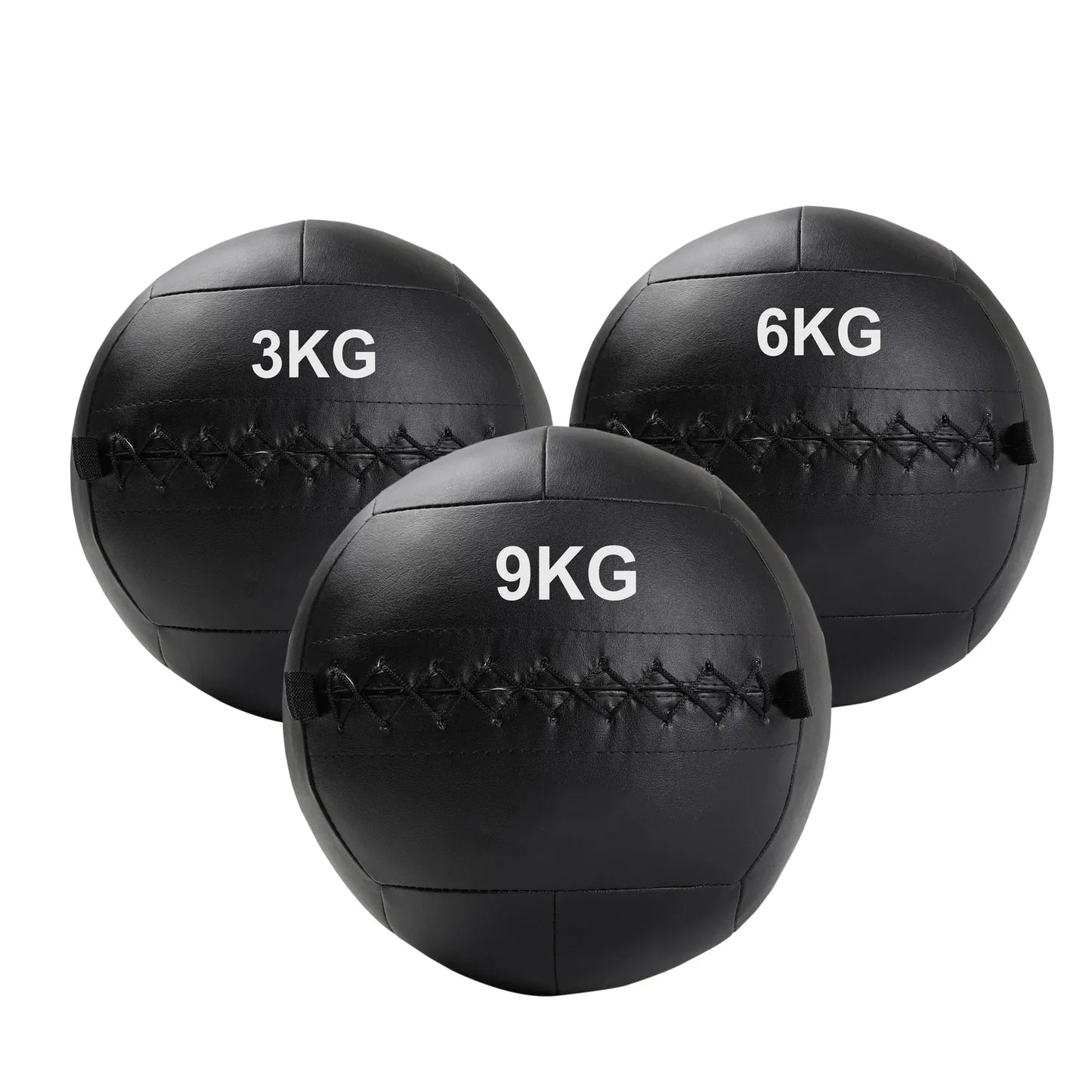 Three black wall balls with weight markings on a white background