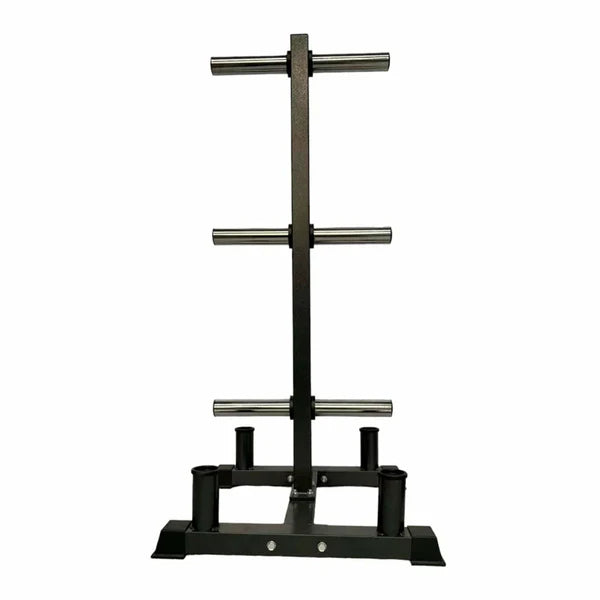Black metal squat rack with chrome bar on a white background