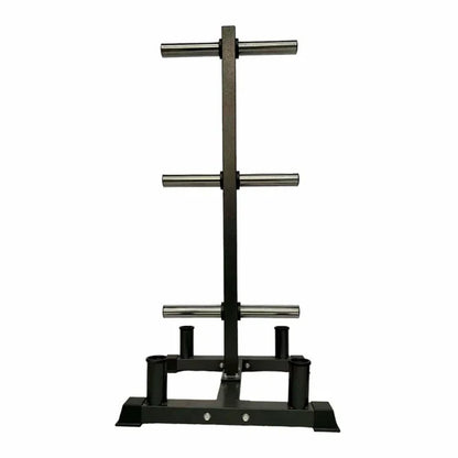 Black metal squat rack with chrome bar on a white background