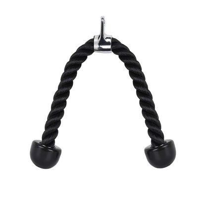 Black rope handle with metal clip on a white background